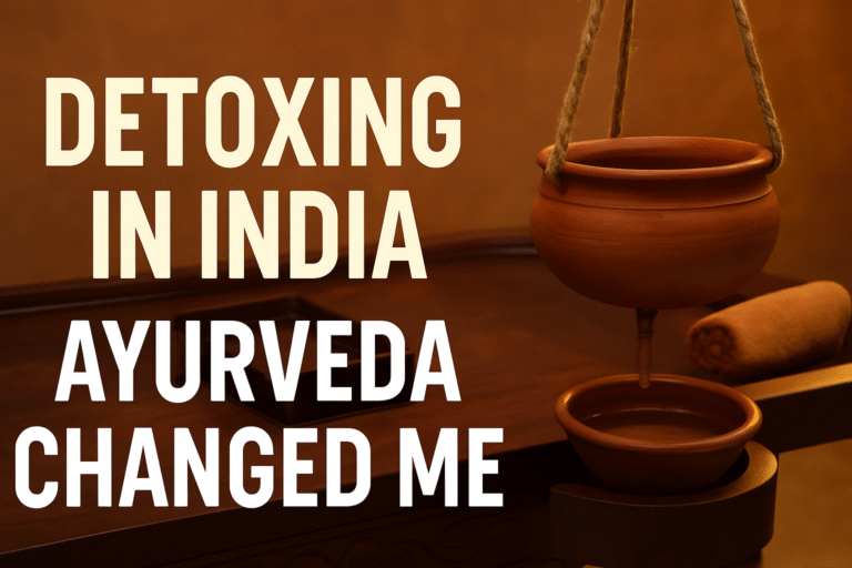 Ayurvedic Panchakarma detox table with clay Shirodhara pot – emotional healing and trauma recovery retreat in India