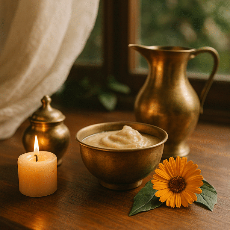 Brass bowl of Ayurvedic herbal paste with calendula flower, candle, and copper pitcher in a serene healing setting near window