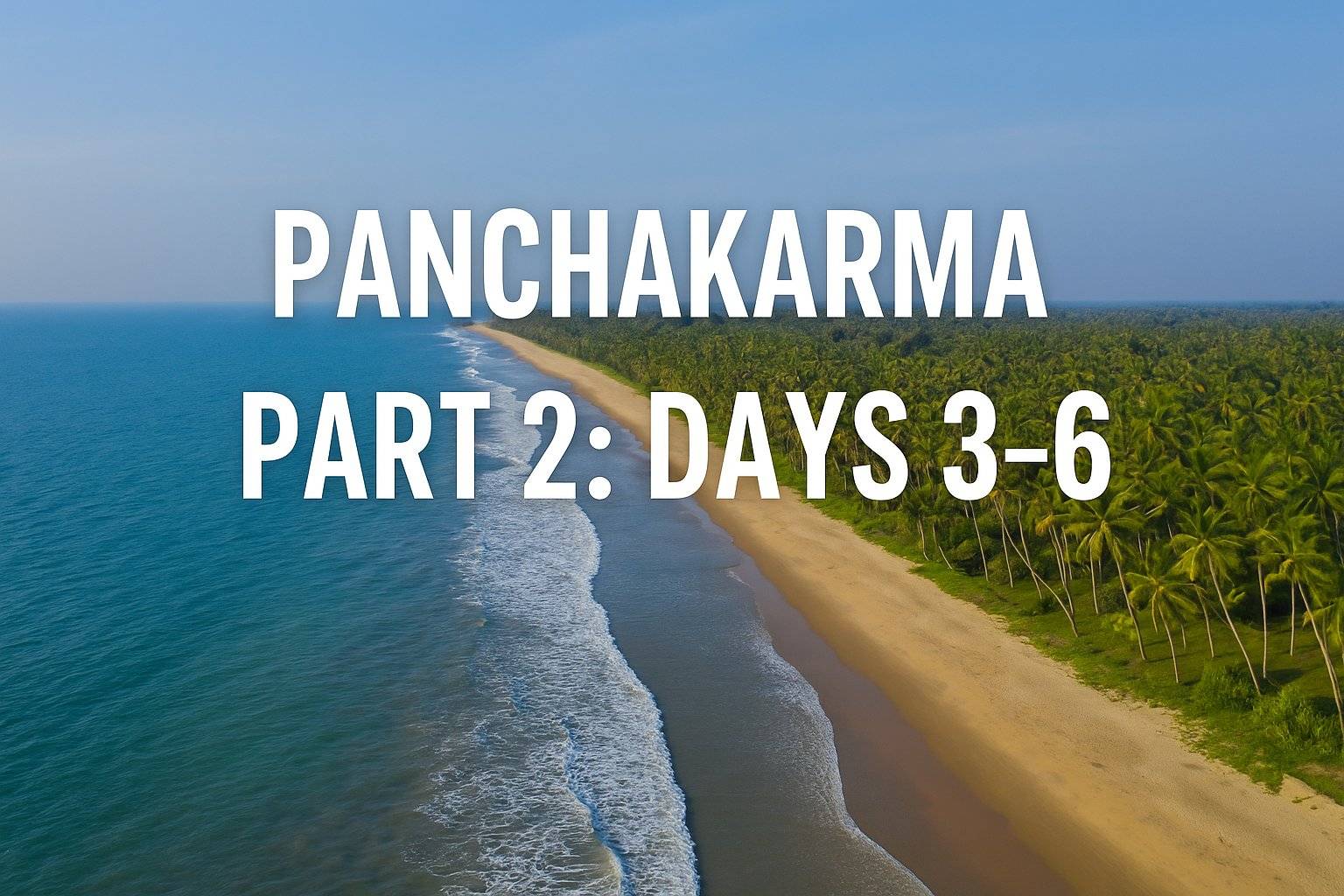 Kerala coastline with coconut palms and Arabian Ocean waves, text overlay reads “Panchakarma Part 2: Days 3-6.”