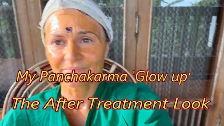 Caroline post-Panchakarma treatment with headwrap and text overlay reading “My Panchakarma Glow Up – The After Treatment Look.”