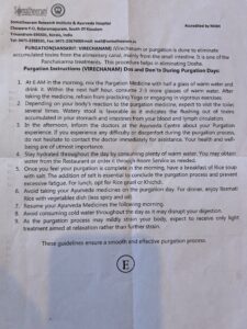 Panchakarma purgation day instructions photographed at Ayurvedic retreat in Kerala
